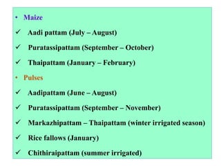 • Maize
 Aadi pattam (July – August)
 Puratassipattam (September – October)
 Thaipattam (January – February)
• Pulses
 Aadipattam (June – August)
 Puratassipattam (September – November)
 Markazhipattam – Thaipattam (winter irrigated season)
 Rice fallows (January)
 Chithiraipattam (summer irrigated)
 
