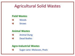 Agricultural Solid Wastes
Field Wastes
Weeds
Straws
Animal Wastes
Animal Dung
Dead Bodies
Agro-Industrial Wastes
Sugar cane: Molasses, Peals