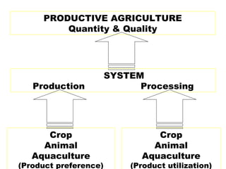 PRODUCTIVE AGRICULTURE
Quantity & Quality
SYSTEM
Production Processing
Crop
Animal
Aquaculture
(Product preference)
Crop
Animal
Aquaculture
(Product utilization)
 