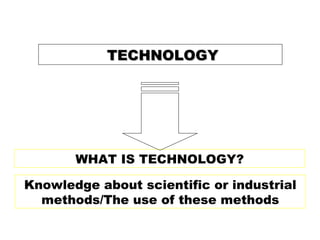 TECHNOLOGYTECHNOLOGY
WHAT IS TECHNOLOGY?
Knowledge about scientific or industrial
methods/The use of these methods
 