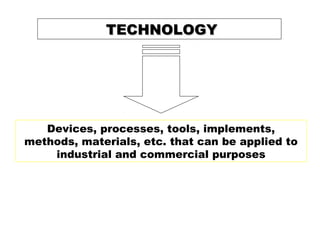 TECHNOLOGYTECHNOLOGY
Devices, processes, tools, implements,
methods, materials, etc. that can be applied to
industrial and commercial purposes
 