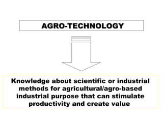 AGRO-TECHNOLOGYAGRO-TECHNOLOGY
Knowledge about scientific or industrial
methods for agricultural/agro-based
industrial purpose that can stimulate
productivity and create value
 