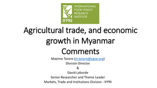 Agricultural trade, and economic
growth in Myanmar
Comments
Maximo Torero (m.torero@cgiar.org)
Division Director
&
David Laborde
Senior Researcher and Theme Leader
Markets, Trade and Institutions Division - IFPRI
 