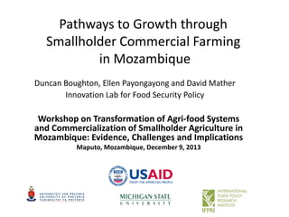 Pathways to Growth through
Smallholder Commercial Farming
in Mozambique
Workshop on Transformation of Agri-food Systems
and Commercialization of Smallholder Agriculture in
Mozambique: Evidence, Challenges and Implications
Maputo, Mozambique, December 9, 2013
Duncan Boughton, Ellen Payongayong and David Mather
Innovation Lab for Food Security Policy
 