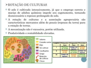 ROTAÇÃO DE CULTURAS
   O solo é cultivado intensivamente, já que o emprego correto e
    maciço de adubos químicos impede seu esgotamento, tornando
    desnecessário o repouso prolongado do solo.
   A rotação de culturas e a associação agropecuária são
    características mercantes além do pousio (repouso da terra) para
    a rotação de terras.
   A mecanização não é excessiva, porém utilizada.
   Produtividade e rentabilidade elevadas.
 