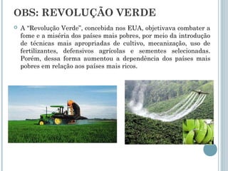 OBS: REVOLUÇÃO VERDE
   A “Revolução Verde”, concebida nos EUA, objetivava combater a
    fome e a miséria dos países mais pobres, por meio da introdução
    de técnicas mais apropriadas de cultivo, mecanização, uso de
    fertilizantes, defensivos agrícolas e sementes selecionadas.
    Porém, dessa forma aumentou a dependência dos países mais
    pobres em relação aos países mais ricos.
 