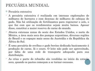 PECUÁRIA MUNDIAL
   Pecuária extensiva
   A pecuária extensiva é realizada em imensas explorações de
    milhares de hectares e com dezenas de milhares de cabeças de
    gado. Não há utilização de fertilizantes para regenerar o solo, o
    que faz com que os rendimentos sejam muito baixos. Apesar
    disso, constitui a maior reserva de carne do mundo.
   Abarca extensas zonas do oeste dos Estados Unidos, o norte do
    México, a área mais seca dos pampas argentinos, diversas regiões
    do Brasil e os espaços mais secos da Austrália e da República da
    África do Sul.
   É uma pecuária de ovelhas e gado bovino dedicada basicamente à
    produção de carne, lã e couro. O leite não pode ser aproveitado,
    por falta de uma rede de transporte adequada para sua
    distribuição.
   As crias e parte do rebanho são vendidas no início da estação
    seca, quando os pastos começam a se tornar escassos.
 