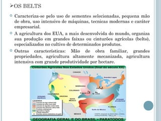 OS BELTS
   Caracteriza-se pelo uso de sementes selecionadas, pequena mão
    de obra, uso intensivo de máquinas, tecnicas modernas e caráter
    empresarial.
   A agricultura dos EUA, a mais desenvolvida do mundo, organiza
    sua produção em grandes faixas ou cinturões agrícolas (belts),
    especializados no cultivo de determinados produtos.
   Outras características: Mão de obra familiar, grandes
    propriedades, agricultura altamente mecanizada, agricultura
    intensiva com grande produtividade por hectare.
 