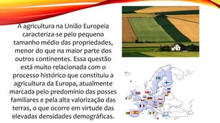 A agricultura na União Europeia
caracteriza-se pelo pequeno
tamanho médio das propriedades,
menor do que na maior parte dos
outros continentes. Essa questão
está muito relacionada com o
processo histórico que constituiu a
agricultura da Europa, atualmente
marcada pelo predomínio das posses
familiares e pela alta valorização das
terras, o que ocorre em virtude das
elevadas densidades demográficas.
 