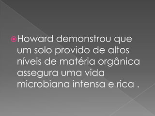 Howard demonstrou que
um solo provido de altos
níveis de matéria orgânica
assegura uma vida
microbiana intensa e rica .
 