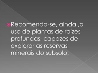 Recomenda-se, ainda ,o
uso de plantas de raízes
profundas, capazes de
explorar as reservas
minerais do subsolo.
 