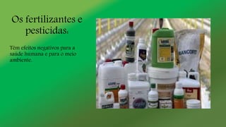 Os fertilizantes e
pesticidas:
Têm efeitos negativos para a
saúde humana e para o meio
ambiente.
 