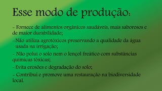 Esse modo de produção:
- Fornece de alimentos orgânicos saudáveis, mais saborosos e
de maior durabilidade;
-Não utiliza agrotóxicos preservando a qualidade da água
usada na irrigação;
- Não polui o solo nem o lençol freático com substâncias
químicas tóxicas;
-Evita erosões e degradação do solo;
- Contribui e promove uma restauração na biodiversidade
local.
 