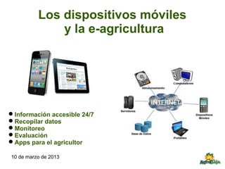 Los dispositivos móviles
              y la e-agricultura




Información accesible 24/7
Recopilar datos
Monitoreo
Evaluación
Apps para el agricultor

10 de marzo de 2013
 