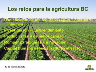 Los retos para la agricultura BC
Uso eficiente de los recursos (Agua + energia +
 insumos)
Investigación + Emprendimiento
Producir más y de mejor calidad
Romper paradigmas + innovación
Capital humano especializado en el sector



10 de marzo de 2013
 