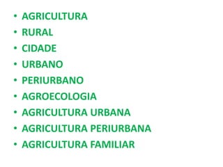 • AGRICULTURA
• RURAL
• CIDADE
• URBANO
• PERIURBANO
• AGROECOLOGIA
• AGRICULTURA URBANA
• AGRICULTURA PERIURBANA
• AGRICULTURA FAMILIAR
 