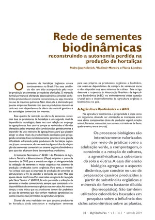 Rede de sementes 
biodinâmicas 
reconstruindo a autonomia perdida na 
produção de hortaliças 
Pedro Jovchelevich, Vladimir Moreira e Flavia Londres 
39 Agriculturas • v. 11 - n. 1 • abril de 2014 
O consumo de hortaliças orgânicas cresce 
continuamente no Brasil. Mas essa tendên-cia 
não tem sido acompanhada pelo setor 
de produção de sementes de espécies olerícolas. O mercado 
formal permanece ofertando essencialmente sementes de hí-bridos 
produzidas em sistema convencional, ou seja, intensivo 
no uso de insumos químicos. Além disso, ele é dominado por 
poucas empresas, fazendo com que os produtores tornem-se 
cada vez mais dependentes da oferta de material genético e 
das estratégias comerciais das mesmas. 
Esse quadro de restrição na oferta de sementes comer-ciais 
leva os produtores de hortaliças a um segundo nível de 
dependência tecnológica, dessa vez com relação ao emprego 
de agroquímicos. Isso ocorre porque as variedades e híbridos 
ofertados pelas empresas são condicionados geneticamente a 
depender do uso intensivo de agroquímicos para que possam 
atingir os altos níveis de produtividade alardeados pela propa-ganda 
comercial. Esse condicionamento genético é uma grande 
dificuldade enfrentada pelos produtores de hortaliças orgâni-cas, 
já que, comumente, são necessários alguns ciclos de adapta-ção 
das sementes comerciais ao sistema orgânico/biodinâmico 
para que elas alcancem bons desempenhos produtivos. 
A Instrução Normativa nº 46/2011 do Ministério da Agri-cultura, 
Pecuária e Abastecimento (Mapa) estipulou o prazo de 
dezembro de 2013 para a entrada em vigor da obrigatoriedade 
da utilização de sementes e mudas orgânicas nos sistemas de 
produção certificados como orgânicos. Para tanto, o ministé-rio 
contava com que as empresas de produção de sementes se 
estruturariam a fim de atender a demanda do setor. Mas essa 
aposta não se confirmou. Por essa razão, a exigência foi revogada 
pela Nota Técnica nº 60/2013, ficando permitida a utilização de 
sementes e mudas convencionais, sempre que constatada a in-disponibilidade 
de sementes orgânicas nos mercados. Ao mesmo 
tempo, a nota indica que os produtores devem dar preferência 
ao uso de sementes que não tenham recebido agrotóxicos ou 
outros insumos não permitidos na agricultura orgânica. 
Diante de uma realidade em que poucos produtores 
de hortaliças ainda selecionam e multiplicam sementes 
para uso próprio, os produtores orgânicos e biodinâmi-cos 
veem-se dependentes da compra de sementes caras 
e não adaptadas aos seus sistemas de cultivo. Este artigo 
descreve a trajetória da Associação Brasileira de Agricul-tura 
Biodinâmica (ABD) no enfrentamento dessa questão 
crucial para o desenvolvimento da agricultura orgânica e 
biodinâmica no país. 
A Agricultura Biodinâmica e a ABD 
Na agricultura biodinâmica, a propriedade é vista como 
um organismo, devendo ser otimizadas as interações entre 
seus vários componentes (área de produção vegetal, criação 
animal, florestas, mananciais, cercas vivas, corredores de fauna, 
quebra-vento, entre outros). 
Os processos biológicos são 
intensivamente valorizados 
por meio de práticas como a 
adubação verde, a compostagem, o 
consórcio e a rotação de culturas, 
a agrossilvicultura, a cobertura 
do solo e outras. A essa dimensão 
biológica agrega-se o aspecto 
dinâmico, que consiste no uso de 
preparados caseiros produzidos a 
partir de substâncias orgânicas e 
minerais de forma bastante diluída 
(homeopática). São também 
utilizados calendários baseados em 
pesquisas sobre a influência dos 
ciclos astronômicos sobre as plantas. 
 