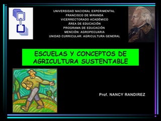 UNIVERSIDAD NACIONAL EXPERIMENTAL
FRANCISCO DE MIRANDA
VICERRECTORADO ACADÉMICO
ÁREA DE EDUCACIÓN
PROGRAMA DE EDUCACIÓN
MENCIÓN: AGROPECUARIA
UNIDAD CURRICULAR: AGRICULTURA GENERAL
ESCUELAS Y CONCEPTOS DE
AGRICULTURA SUSTENTABLE
Prof. NANCY RANDIREZ
 