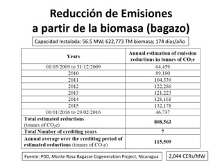 Reducción de Emisiones
   a partir de la biomasa (bagazo)
    Capacidad Instalada: 56.5 MW; 622,773 TM biomasa; 174 días/año




Fuente: PDD, Monte Rosa Bagasse Cogeneration Project; Nicaragua   2,044 CERs/MW
 