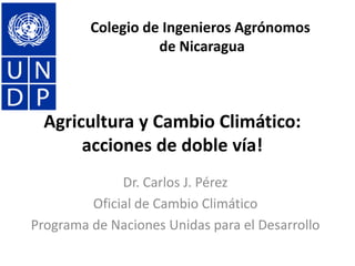 Colegio de Ingenieros Agrónomos
                   de Nicaragua



  Agricultura y Cambio Climático:
       acciones de doble vía!
              Dr. Carlos J. Pérez
         Oficial de Cambio Climático
Programa de Naciones Unidas para el Desarrollo
 