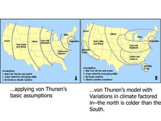 … applying von Thunen’s basic assumptions … von Thunen’s model with Variations in climate factored  in--the north is colder than the  South. 