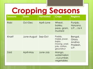 Cropping Seasons
Seasons   Sown        Harvested    Crops           Regions

Rabi      Oct-Dec     April-June   Wheat,          Punjab,
                                   barley,         Haryana,
                                   peas, gram,     U.P., J & K
                                   mustard

Kharif    June-August Sep-Oct      Paddy,          Bengal,
                                   maize, jowar,   Orissa,
                                   bajra,          Andhra
                                   moong, urad,
                                                   Pradesh,
                                   jute, cotton,
                                   groundnut       U.P.

Zaid      April-May   June-July    Mango,
                                   watermelon
                                   , cucumber,
                                   vegetables
 