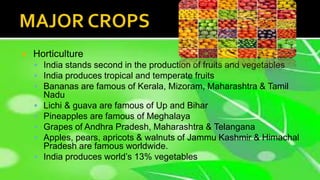  Horticulture
 India stands second in the production of fruits and vegetables
 India produces tropical and temperate fruits
 Bananas are famous of Kerala, Mizoram, Maharashtra & Tamil
Nadu
 Lichi & guava are famous of Up and Bihar
 Pineapples are famous of Meghalaya
 Grapes of Andhra Pradesh, Maharashtra & Telangana
 Apples, pears, apricots & walnuts of Jammu Kashmir & Himachal
Pradesh are famous worldwide.
 India produces world’s 13% vegetables
 