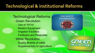 Technological Reforms
▪ Green Revolution
▪ Use of ‘HYVs’
▪ Modern Equipment
▪ Irrigation Facilities
▪ Fertilizers and Pesticides
▪ White Revolution
▪ Quality Breeds of cattle
▪ Supplementary to agriculture
 