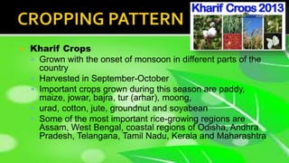  Kharif Crops
 Grown with the onset of monsoon in different parts of the
country
 Harvested in September-October
 Impo...