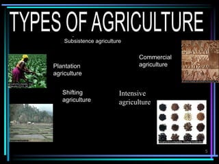 Subsistence agriculture
Commercial
agriculturePlantation
agriculture
Shifting
agriculture
Intensive
agriculture
5
 