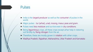 Pulses
 India is the largest producer as well as the consumer of pulses in the
world.
 Major pulses - tur (arhar), urad, moong, masur, peas and gram.
 Pulses need less moisture and survive even in dry conditions.
 Being leguminous crops, all these crops except arhar help in restoring
soil fertility by fixing nitrogen from the air.
 Therefore, these are mostly grown in rotation with other crops.
 Madhya Pradesh, Rajasthan, Maharashtra, Uttar Pradesh and Karnataka
 