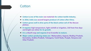 Cotton
 Cotton is one of the main raw materials for cotton textile industry.
 In 2016, India was second largest producer of cotton after China.
 Cotton grows well in drier parts of the black cotton soil of the Deccan
plateau.
 It requires high temperature, light rainfall or irrigation, 210 frost-free days
and bright sun-shine for its growth.
 It is a kharif crop and requires 6 to 8 months to mature.
 Major cotton-producing states are– Maharashtra, Gujarat, Madhya Pradesh,
Karnataka, Andhra Pradesh, Telangana, Tamil Nadu, Punjab, Haryana and
Uttar Pradesh.
 