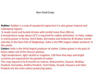 Non-Food Crops
Rubber: Rubber is a crop of equatorial region but it is also grown tropical and
subtropical regions.
It needs moist and humid climate with rainfall more than 200 cm.
A temperature range above 25°C is required for rubber plantation. In India, rubber
is mainly grown in Kerala, Tamil Nadu, Karnataka and Andaman & Nicobar islands
and also in the Garo hills of Meghalaya. India is the fifth largest rubber producer in
the world.
Cotton: India is the third-largest producer of cotton. Cotton grows in dry pats of
black cotton soil of the Deccan plateau.
High temperature, light rainfall or irrigation, 210 frost-free days and bright
sunshine are required for the growth of cotton.
The crop requires 6 to 8 months to mature. Maharashtra, Gujarat, Madhya
Pradesh, Karnataka, Andhra Pradesh, Tamil Nadu, Punjab, Haryana and Uttar
Pradesh are the main cotton producing states.
 