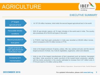 DECEMBER 2015 33DECEMBER 2016 For updated information, please visit www.ibef.org
EXECUTIVE SUMMARY
2nd largest
agricultural land
• At 157.35 million hectares, India holds the second largest agricultural land in the world
Favourable climatic
conditions
• With 20 agri-climatic regions, all 15 major climates in the world exist in India. The country
also possesses 46 of the 60 soil types in the world
Record production of
food grains
• In FY2015, total food grain production in India was recorded at 252.68 million tonnes ,
which increased to 253.16 million tonnes in FY16.
Largest producer of
major agricultural and
horticulture crops
• India is the largest producer of spices, pulses, milk, tea, cashew and jute; and the second
largest producer of wheat, rice, fruits & vegetables, sugarcane, cotton and oilseeds
Source: Ministry of Agriculture , Government of India, TechSci Research
Increasing farm
mechanisation
• India is one of the largest manufacturers of farm equipment such as tractors, harvesters
and tillers. India accounts for nearly one-third of the overall tractor production, globally,
with the tractor production in the country estimated to increase from 0.57 million units in
FY16 and reach to 16 million units by 2030.
AGRICULTURE
 