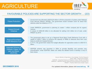 DECEMBER 2015 3232DECEMBER 2016 For updated information, please visit www.ibef.org
FAVOURABLE POLICIES ARE SUPPORTING THE SECTOR GROWTH … (2/2)
Pulses Production
• Government has allocated USD76.38 million to lift the production of pulses under National
Food Security Mission (NFSM). The government would increase cover for about 622
districts under the initiative in FY17
Support through
Initiatives
• Under MNREGA, government is planning to create 1 million compost pits for organic
manure.
• A corpus of USD2.90 billion to be allocated for adding 0.22 million km of road, under
PMGSY by 2019.
Regional Rural Bank
Credit Refinance Fund
• The government plans to set up a Regional Rural Bank Credit Refinance Fund with a
capital of USD2.1 billion to enhance the capacity of RRBs to disburse short term crop
loans to small and marginal farmers
• In FY17, the government raised the budget allocation for agriculture sector to USD137.5
billion.
Integrated Scheme of
Oilseeds, Pulses, Oil
palm and Maize
(ISOPOM)
• ISOPOM scheme was launched in 2004 to provide flexibility and promote crop
diversification; under ISOPOM, states can utilise the allotted funds to develop a crop of
their choice
Source: Ministry of Agriculture, Union Budget, TechSci Research
Notes: RRB – Regional Rural Bank,
ISOPOM - Integrated Scheme of Oilseeds, Pulses, Oil palm and Maize
MNREGA - Mahatma Gandhi National Rural Employment Guarantee Act
PMGSY - Pradhan Mantri Gram Sadak Yojana
AGRICULTURE
 