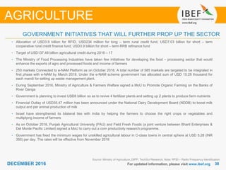 DECEMBER 2015 3838DECEMBER 2016 For updated information, please visit www.ibef.org
GOVERNMENT INITIATIVES THAT WILL FURTHER PROP UP THE SECTOR
Source: Ministry of Agriculture, DIPP, TechSci Research; Note: RFID – Radio Frequency Identification
AGRICULTURE
• Allocation of USD3.9 billion for RFID, USD234 million for long – term rural credit fund, USD7.03 billion for short – term
cooperative rural credit finance fund, USD3.9 billion for short – term RRB refinance fund
• Target of USD137.49 billion agricultural credit during 2016 – 17
• The Ministry of Food Processing Industries have taken few initiatives for developing the food – processing sector that would
enhance the exports of agro and processed foods and income of farmers
• 250 markets Connected to e-NAM Platform as on October 2016. A total number of 585 markets are targeted to be integrated in
first phase with e-NAM by March 2018. Under the e-NAM scheme government has allocated sum of USD 15.28 thousand for
each mandi for setting up waste management plant.
• During September 2016, Ministry of Agriculture & Farmers Welfare signed a MoU to Promote Organic Farming on the Banks of
River Ganga
• Government is planning to invest USD8 billion so as to revive 4 fertilizer plants and setting up 2 plants to produce farm nutrients
• Financial Outlay of USD35.47 million has been announced under the National Dairy Development Board (NDDB) to boost milk
output and per animal production of milk
• Israel have strengthened its bilateral ties with India by helping the farmers to choose the right crops or vegetables and
multiplying income of farmers
• As on October 2016, Punjab Agricultural University (PAU) and Field Fresh Foods (a joint venture between Bharti Enterprises &
Del Monte Pacific Limited) signed a MoU to carry out a corn productivity research programme.
• Government has fixed the minimum wages for unskilled agricultural labour in C-class towns in central sphere at USD 5.28 (INR
350) per day. The rates will be effective from November 2016
 