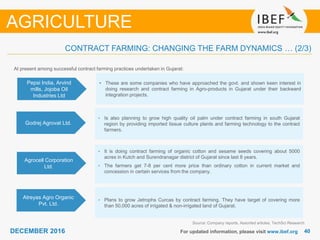 DECEMBER 2015 4040DECEMBER 2016
CONTRACT FARMING: CHANGING THE FARM DYNAMICS … (2/3)
For updated information, please visit www.ibef.org
Source: Company reports, Assorted articles, TechSci Research
AGRICULTURE
At present among successful contract farming practices undertaken in Gujarat:
Agrocell Corporation
Ltd.
• It is doing contract farming of organic cotton and sesame seeds covering about 5000
acres in Kutch and Surendranagar district of Gujarat since last 8 years.
• The farmers get 7-8 per cent more price than ordinary cotton in current market and
concession in certain services from the company.
Atreyas Agro Organic
Pvt. Ltd.
• Plans to grow Jetrophs Curcas by contract farming. They have target of covering more
than 50,000 acres of irrigated & non-irrigated land of Gujarat.
Godrej Agrovat Ltd.
• Is also planning to grow high quality oil palm under contract farming in south Gujarat
region by providing imported tissue culture plants and farming technology to the contract
farmers.
Pepsi India, Arvind
mills, Jojoba Oil
Industries Ltd
• These are some companies who have approached the govt. and shown keen interest in
doing research and contract farming in Agro-products in Gujarat under their backward
integration projects.
 