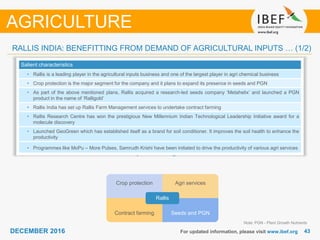 DECEMBER 2015 4343DECEMBER 2016 For updated information, please visit www.ibef.org
RALLIS INDIA: BENEFITTING FROM DEMAND OF AGRICULTURAL INPUTS … (1/2)
Major business segments
Note: PGN - Plant Growth Nutrients
Salient characteristics
• Rallis is a leading player in the agricultural inputs business and one of the largest player in agri chemical business
• Crop protection is the major segment for the company and it plans to expand its presence in seeds and PGN
• As part of the above mentioned plans, Rallis acquired a research-led seeds company ‘Metahelix’ and launched a PGN
product in the name of ‘Ralligold’
• Rallis India has set up Rallis Farm Management services to undertake contract farming
• Rallis Research Centre has won the prestigious New Millennium Indian Technological Leadership Initiative award for a
molecule discovery
• Launched GeoGreen which has established itself as a brand for soil conditioner. It improves the soil health to enhance the
productivity
• Programmes like MoPu – More Pulses, Samrudh Krishi have been initiated to drive the productivity of various agri services
Crop protection Agri services
Contract farming Seeds and PGN
Rallis
AGRICULTURE
 