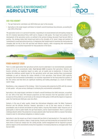 IRELAND’S ENVIRONMENT

• The agri-food sector contributes over €24 billion per year to the economy
• Agriculture is the single largest contributor to Ireland’s overall Greenhouse Gas emissions, accounting for

over 30% of the total
The agriculture sector is in a period of transition, responding to increased demand and anticipating changes to
the EU’s Common Agricultural Policy (CAP) and to changes in milk quotas. The longer-term outlook for the
development of the agriculture sector, as outlined in the sectoral strategy document Food Harvest 2020, is
positive. The strategy states that Ireland must build on the strengths of its ‘green’ image and maintain its
commitment to sound agricultural practices. It emphasises that Ireland needs to maximise the food production
strengths that are key to the Irish agri-food and fisheries industry, while recognising that environmental
sustainability is an essential requirement for food production in the future.

FOOD HARVEST 2020
There is a wide appreciation that agricultural activity must be undertaken in an environmentally sustainable
manner if it is to be economically viable. Food Harvest 2020 recognises that agriculture, fisheries and
forestry activities can negatively impact on water, soil, air quality and on biodiversity. It stresses that
meeting the ambitious growth targets for the agriculture sector will mean meeting these environmental
challenges as well as reducing the carbon intensity of Irish agriculture. Food Harvest 2020 explicitly
recognises that environmental sustainability is an essential requirement for the food production systems of
the 21st century and that there are significant marketing and trading advantages as a result of Ireland’s
‘green’ image.
Nonetheless, a key component of the strategy – that of increasing milk production by 50% with the removal
of milk quotas – will pose serious challenges to achieving this environmental sustainability.
Agriculture is the single largest contributor to Ireland’s overall Greenhouse Gas (GHG) emissions, accounting
for over 30% of the total. EPA emission projections are that emissions from the agriculture sector will
increase by 12% by 2020 on current levels as the removal of milk quotas in 2015 and the impacts of expansion
under the Food Harvest 2020 plan come into effect.
Similarly, in the area of water quality, Ireland has international obligations under the Water Framework
Directive and the Nitrates Directive. However, agriculture is one of the main sources of nitrates in
groundwaters and of nutrient enrichment of surface waters. Ensuring that Ireland’s water resources are of
good quality is vital for public health, the agri-food industry, and for inward investment. There is a particular
challenge ahead to deliver the production increases planned under Food Harvest 2020 in a manner that allows
Ireland to meet its international obligations in relation to water.
Agriculture is also the largest use of land in Ireland with two-thirds of land devoted to it. The majority of this
land is under grass for pasture, silage or rough grazing. Forestry and food production are projected to be the
main drivers of land use change over the coming decade. Careful management will be required to prevent
adverse impacts on the environment arising from expanded or increased production as envisaged under Food
Harvest 2020.

.....................................................................................................................

DID YOU KNOW?

..............................................

AGRICULTURE

24bn

€

per year is contributed
to the Irish economy
by the Agri-food
sector

30%

Agriculture is the largest
contributor to Ireland’s
greenhouse gas emissions

12%

Agriculture emissions
projected to increase
by 2020 at
current levels

www.epa.ie/
irelandsenvironment/

 