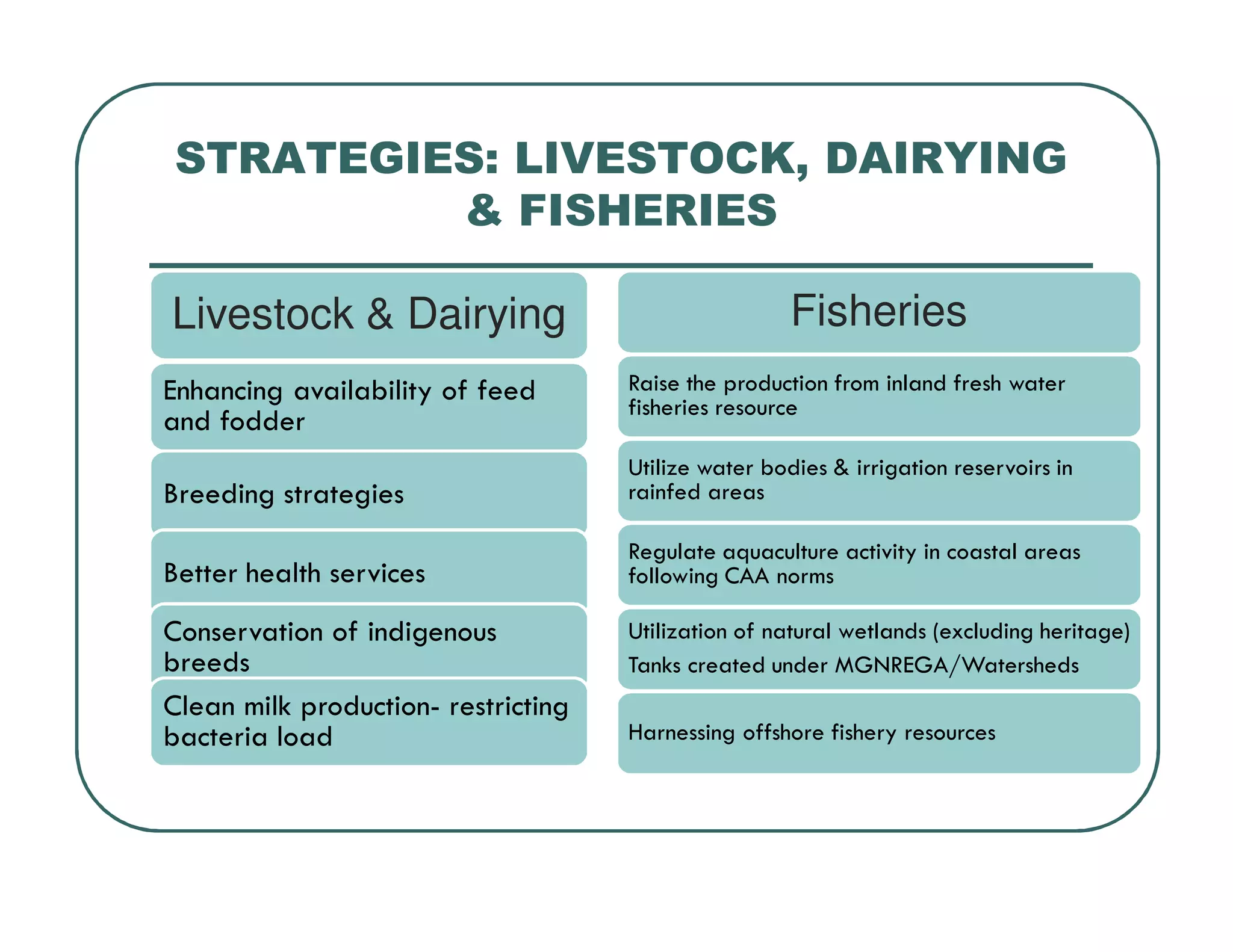 STRATEGIES: LIVESTOCK, DAIRYING
& FISHERIES
Livestock & Dairying
Enhancing availability of feed
and fodder
Breeding strategies
Better health services
Conservation of indigenous
breeds
Clean milk production- restricting
bacteria load
Fisheries
Raise the production from inland fresh water
fisheries resource
Utilize water bodies & irrigation reservoirs in
rainfed areas
Regulate aquaculture activity in coastal areas
following CAA norms
Utilization of natural wetlands (excluding heritage)
Tanks created under MGNREGA/Watersheds
Harnessing offshore fishery resources
 