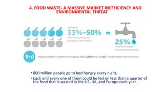 4. FOOD WASTE- A MASSIVE MARKET INEFFICIENCY AND
ENVIRONMENTAL THREAT
• 800 million people go to bed hungry every night.
•...