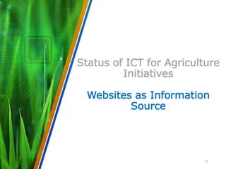 Status of ICT for Agriculture
Initiatives
Websites as Information
Source
13
 