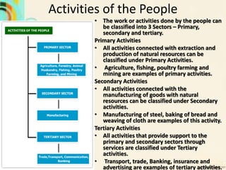 Activities of the People
• The work or activities done by the people can
be classified into 3 Sectors – Primary,
secondary and tertiary.
Primary Activities
• All activities connected with extraction and
production of natural resources can be
classified under Primary Activities.
• Agriculture, fishing, poultry farming and
mining are examples of primary activities.
Secondary Activities
• All activities connected with the
manufacturing of goods with natural
resources can be classified under Secondary
activities.
• Manufacturing of steel, baking of bread and
weaving of cloth are examples of this activity.
Tertiary Activities
• All activities that provide support to the
primary and secondary sectors through
services are classified under Tertiary
activities.
• Transport, trade, Banking, insurance and
advertising are examples of tertiary activities.
 