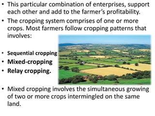• This particular combination of enterprises, support
each other and add to the farmer’s profitability.
• The cropping system comprises of one or more
crops. Most farmers follow cropping patterns that
involves:
• Sequential cropping
• Mixed-cropping
• Relay cropping.
• Mixed cropping involves the simultaneous growing
of two or more crops intermingled on the same
land.
 