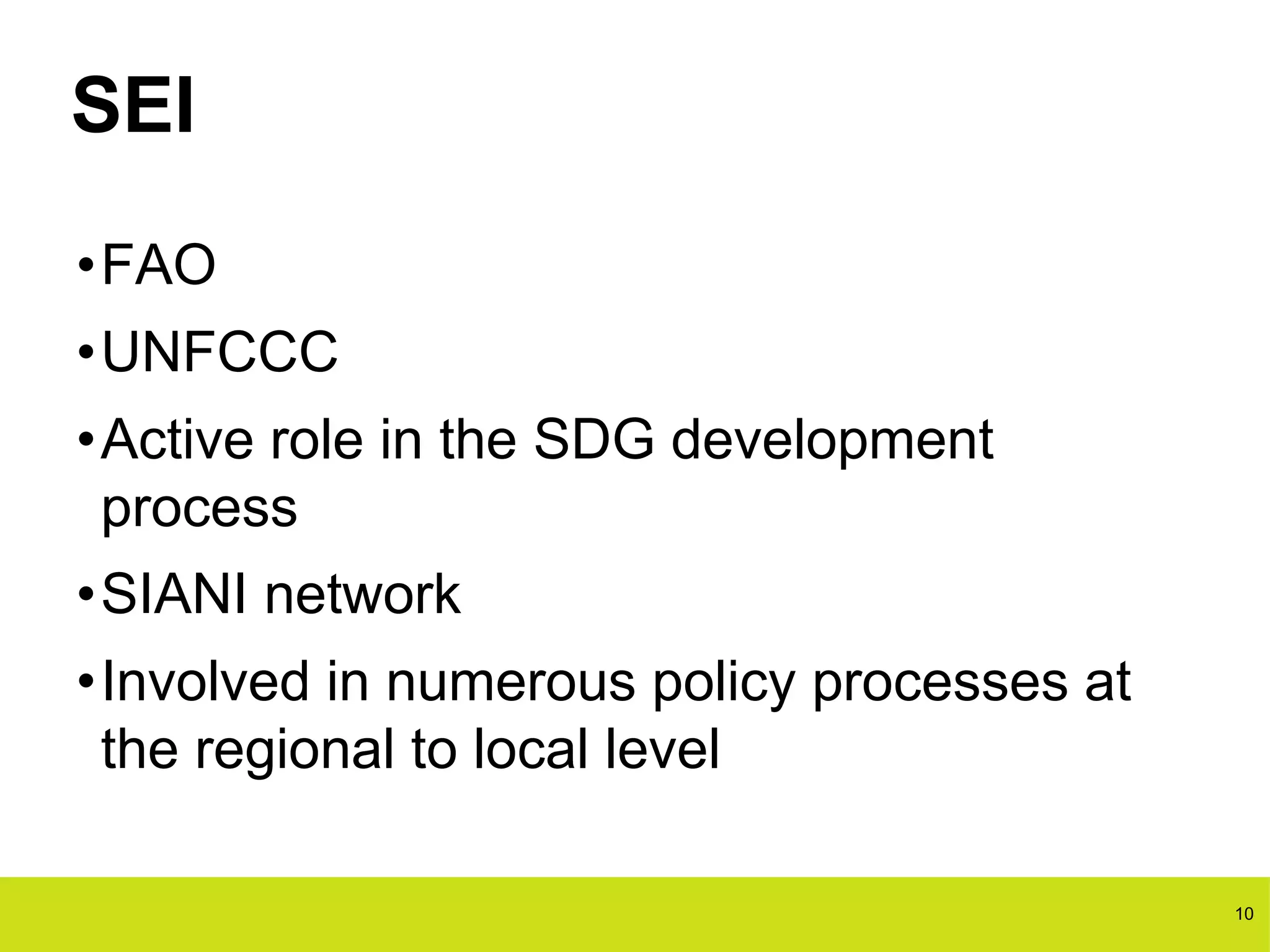 SEI
•FAO
•UNFCCC
•Active role in the SDG development
process
•SIANI network
•Involved in numerous policy processes at
the regional to local level
10
 