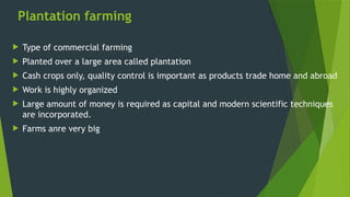 Plantation farming
 Type of commercial farming
 Planted over a large area called plantation
 Cash crops only, quality control is important as products trade home and abroad
 Work is highly organized
 Large amount of money is required as capital and modern scientific techniques
are incorporated.
 Farms anre very big
 