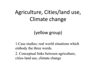Agriculture, Cities/land use, Climate change(yellow group) 1.Case studies: real world situations which embody the three words. 2. Conceptual links between agriculture, cities-land use, climate change 