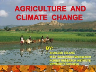 1,[object Object],AGRICULTURE  AND,[object Object],CLIMATE  CHANGE,[object Object],BY:,[object Object],[object Object],    M.Sc- Environment Management,[object Object],     FOREST RESEARCH INSTITUTE UNIVERSITY,Dehradun,[object Object]