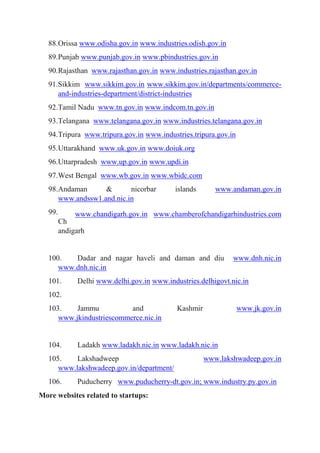 88.Orissa www.odisha.gov.in www.industries.odish.gov.in
89.Punjab www.punjab.gov.in www.pbindustries.gov.in
90.Rajasthan www.rajasthan.gov.in www.industries.rajasthan.gov.in
91.Sikkim www.sikkim.gov.in www.sikkim.gov.in/departments/commerce-
and-industries-department/district-industries
92.Tamil Nadu www.tn.gov.in www.indcom.tn.gov.in
93.Telangana www.telangana.gov.in www.industries.telangana.gov.in
94.Tripura www.tripura.gov.in www.industries.tripura.gov.in
95.Uttarakhand www.uk.gov.in www.doiuk.org
96.Uttarpradesh www.up.gov.in www.updi.in
97.West Bengal www.wb.gov.in www.wbidc.com
98.Andaman & nicorbar islands www.andaman.gov.in
www.andssw1.and.nic.in
99.
Ch
andigarh
100. Dadar and nagar haveli and daman and diu www.dnh.nic.in
www.dnh.nic.in
101. Delhi www.delhi.gov.in www.industries.delhigovt.nic.in
102.
103. Jammu and Kashmir www.jk.gov.in
www.jkindustriescommerce.nic.in
104. Ladakh www.ladakh.nic.in www.ladakh.nic.in
105. Lakshadweep www.lakshwadeep.gov.in
www.lakshwadeep.gov.in/department/
106. Puducherry www.puducherry-dt.gov.in; www.industry.py.gov.in
More websites related to startups:
www.chandigarh.gov.in www.chamberofchandigarhindustries.com
 