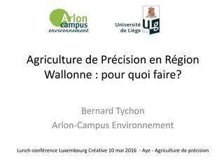 Agriculture de Précision en Région
Wallonne : pour quoi faire?
Bernard Tychon
Arlon-Campus Environnement
Lunch-conférence Luxembourg Créative 10 mai 2016 - Aye - Agriculture de précision
 